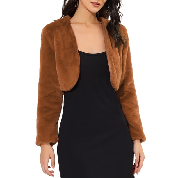 Chaqueta de Piel para Mujer Chaqueta de Novia Recortada Vestido Bolero Peludo Abierto Formal Imitación de Piel Chaqueta de Noche Marrón L