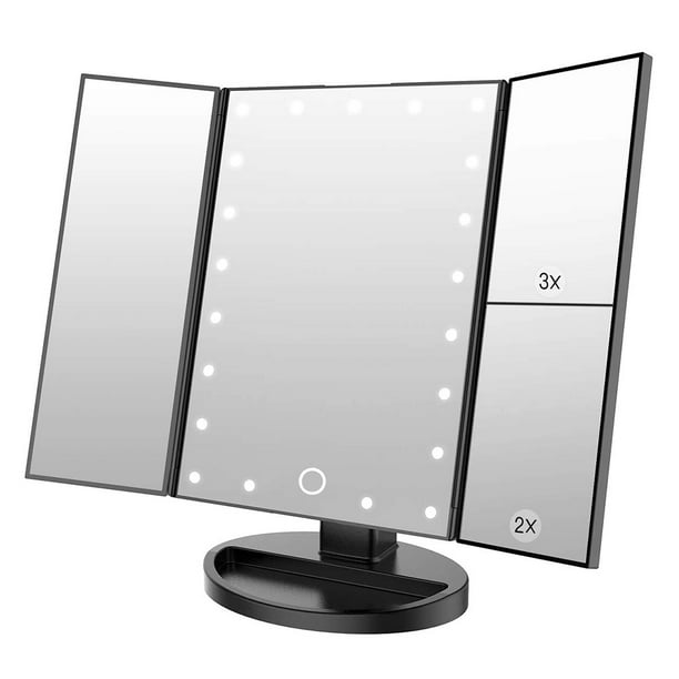 Espejo de maquillaje con luces LED, espejo de tocador de 22 LED con aumento de 2X/3X, pantalla táctil, espejo de maquillaje portátil iluminado con rotación de 180 grados.