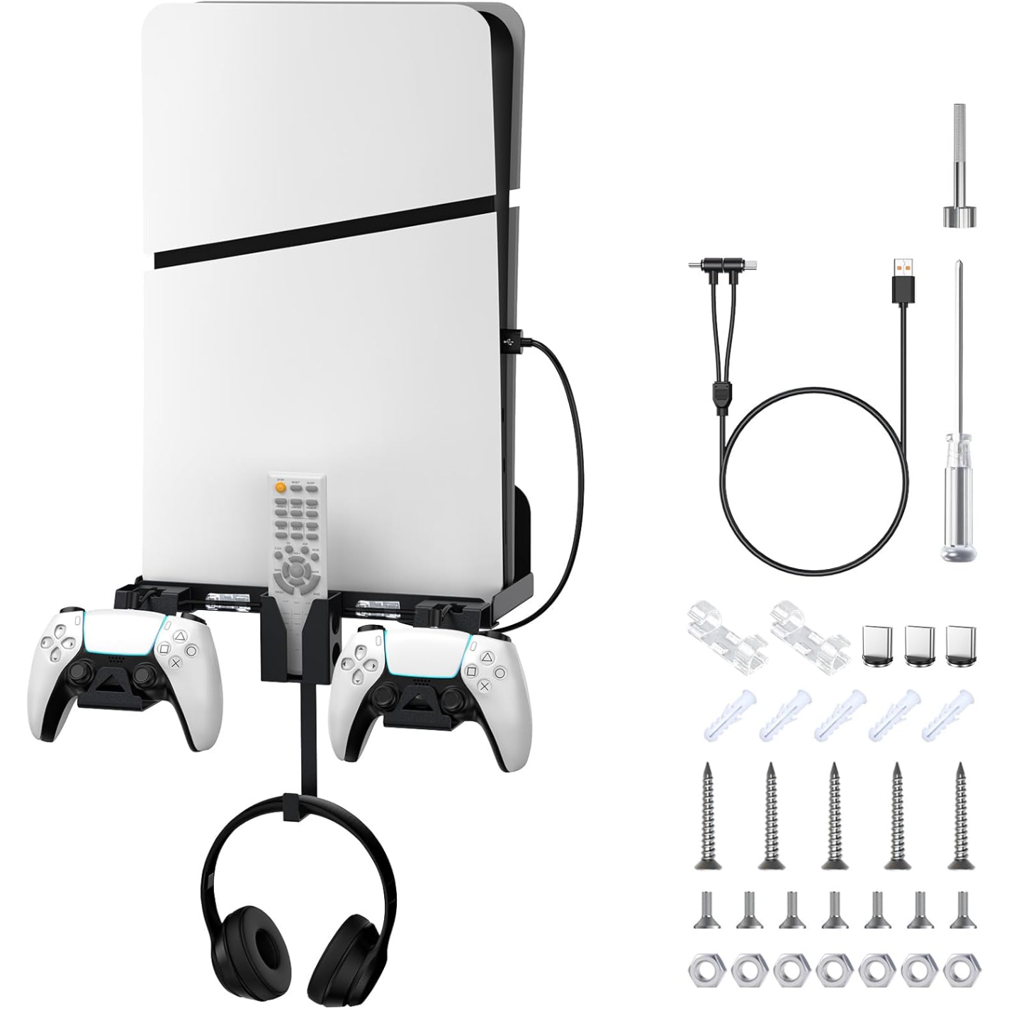 Genérico - Kit De Montaje De Pared 6 En 1 Para Ps5 Silm Compatible Con La Consola Playstation 5 Silm (Disco Y Edición Digital) Con Cable De Carga Magnético Soporte De Mando Desmontable-Negro