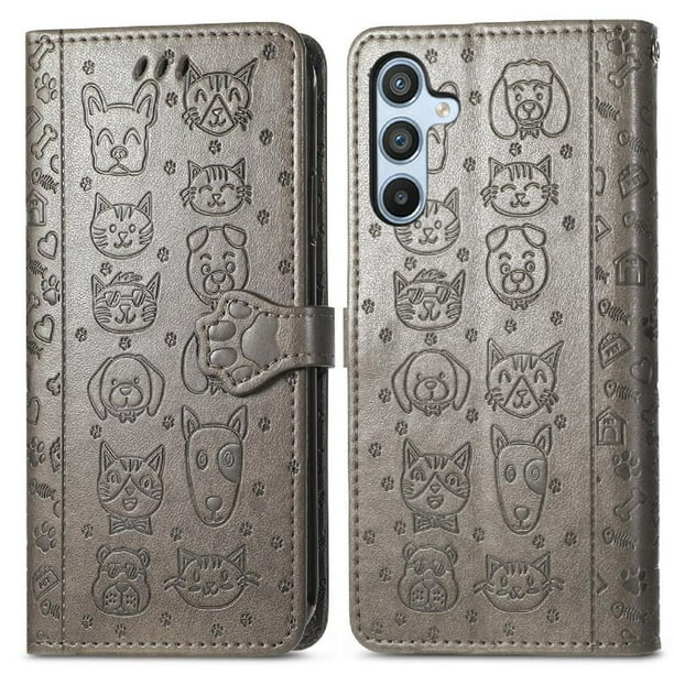 Funda Cartera FOXDOCK para Samsung Galaxy A14 , Flip PU con Relieve de Gatos y Perros, Tarjetero y Soporte