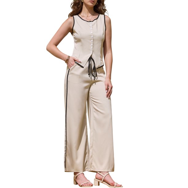 INSPIRE CHIC Conjunto de 2 Piezas para Mujer con Ribete en Contraste, Sin Mangas, Botones al Frente, Pantalones de Pierna Ancha, Color Albaricoque, Talla L