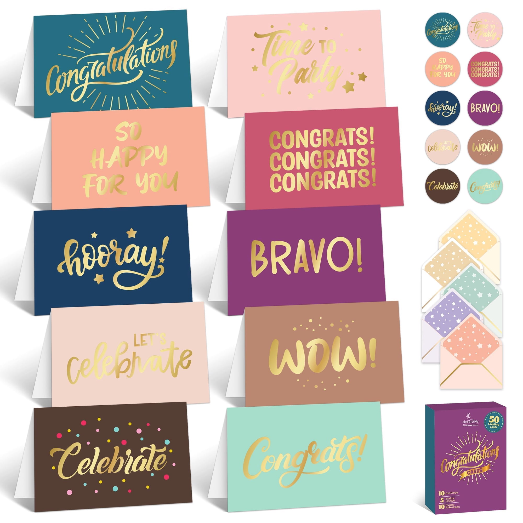 Decorably - Tarjetas De Felicitación Decorativas, 50 Unidades, Lámina Dorada, 6 X 10 Cm