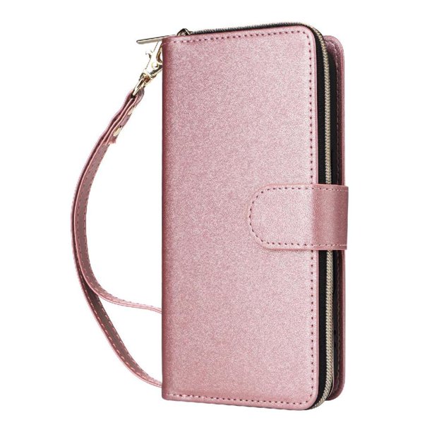 Funda Cartera con Cremallera y Correa para iPhone 16 Plus Soporte y Tarjetero Oro rosa