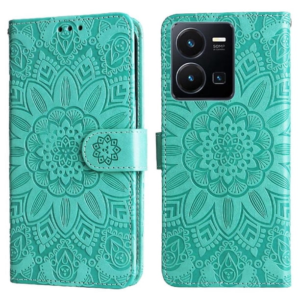 Funda tipo cartera FOXDOCK para Vivo Y35 4G , diseño girasol en relieve, cuero PU, cierre magnético, soporte y tarjetero