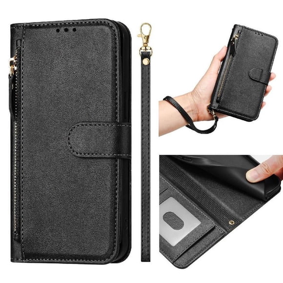 Funda tipo cartera para BLU View 5 Pro con bolsillo con cremallera, tarjetero, soporte, correa para la muñeca y tapa de cuero Negro