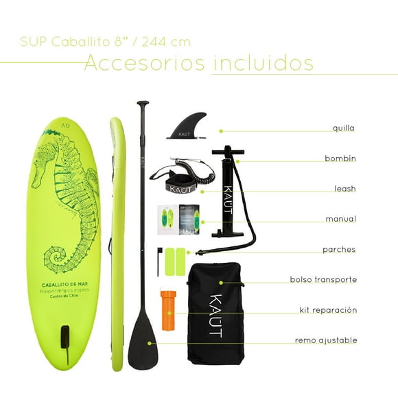 Stand Up Paddle (SUP) Inflable Capa Reforzada Kids Caballito de Mar- 8' pies / 244 cm + Mochila & Accesorios + TestDrive Laguna Aculeo