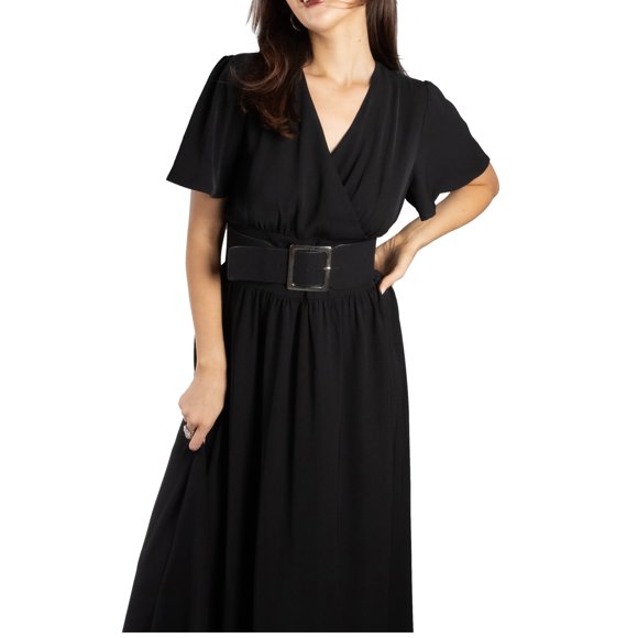 Vestido de Mujer Jess by Meiko Escote en V Manga con Vuelo Cinturón con Hebilla Declarativa Vestido Midi S Negro