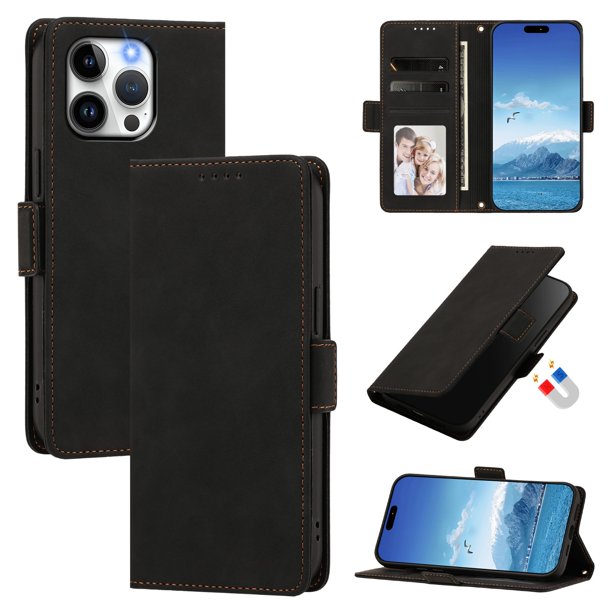 Funda Billetera Delgada para iPhone 13 Pro con Ranuras y Soporte Negro
