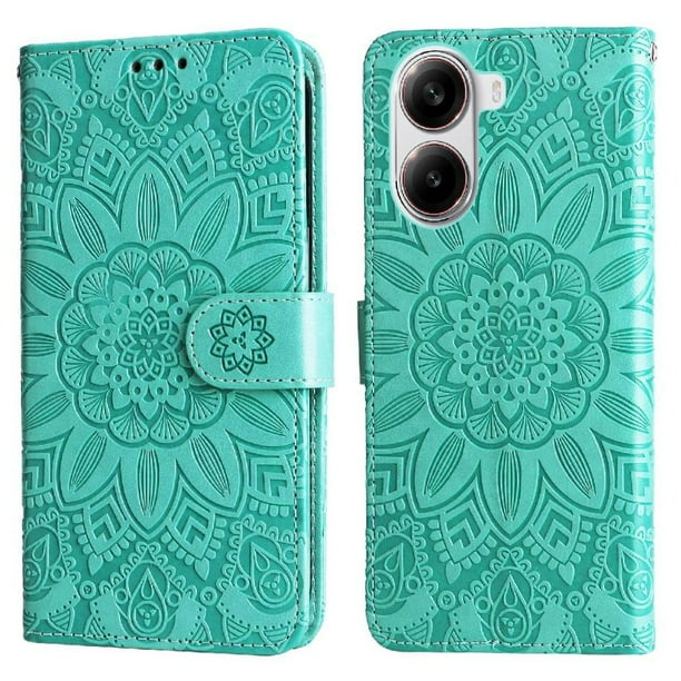 Funda tipo cartera FOXDOCK para Xiaomi Poco X7 Pro , diseño girasol en relieve, cuero PU, cierre magnético, soporte y tarjetero