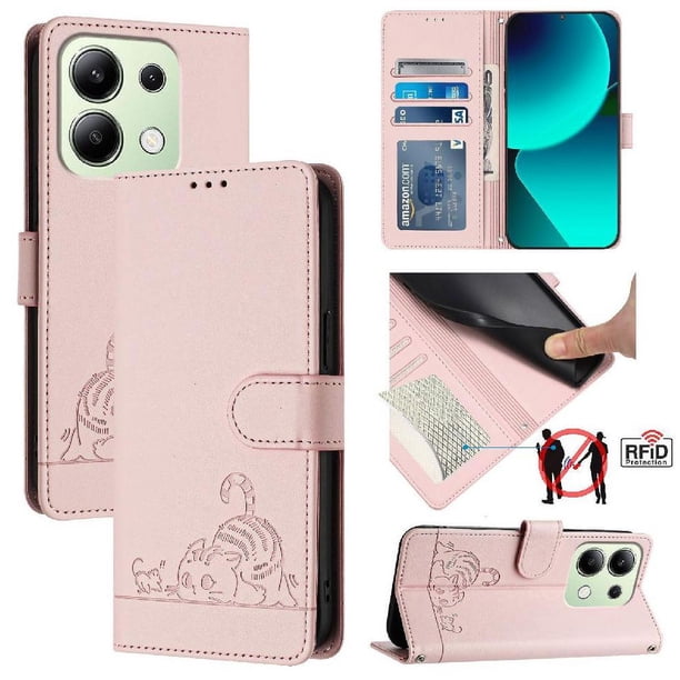Funda tipo cartera FOXDOCK para Xiaomi Redmi NOTE 13 4G con soporte, ranuras, RFID, diseño de gato