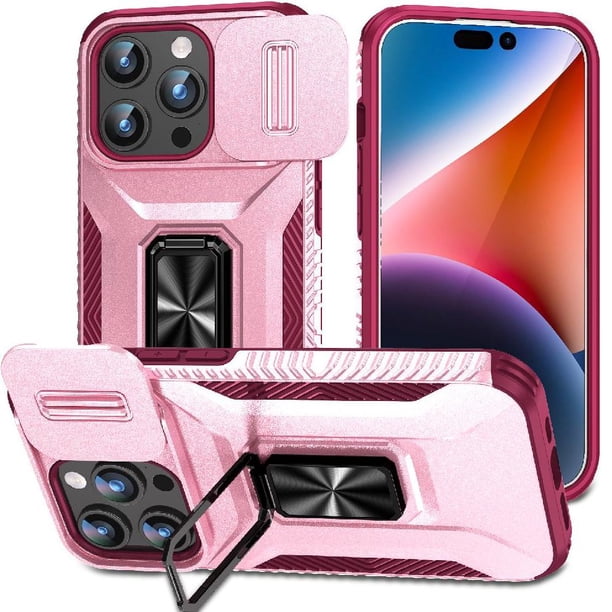 Funda Armada para iPhone 15 Pro con Tapa Deslizante y Soporte Magnético Giratorio Rosa