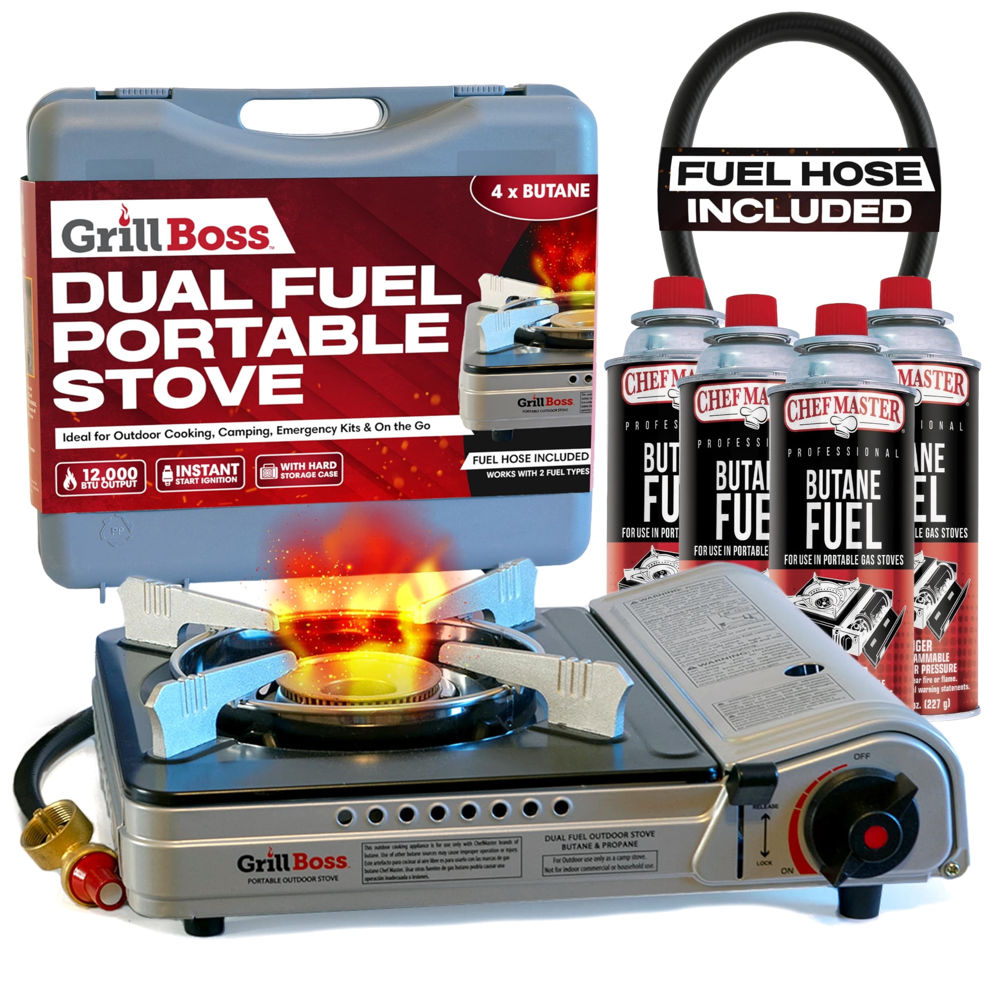 Chef Master - Camp Stove Grill Boss Dual Fuel Con 4 Bombonas De Butano De 240 Ml