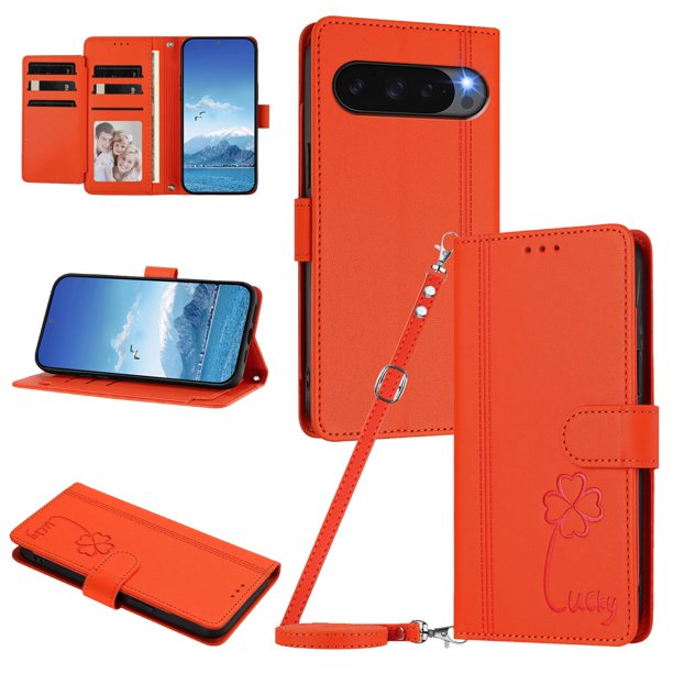 Funda Cartera Trébol para Google Pixel 10 5G con Ranuras Tarjetas y Carga Inalámbrica Naranja