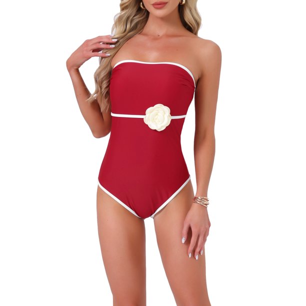 Monokini Bandeau con Flores 3D para Mujer de INSPIRE CHIC, 1 Pieza sin Tirantes con Control de Abdomen y Almohadillas Removibles Grande Rojo