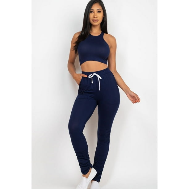 Conjunto de Top Corto sin Mangas y Pantalón Fruncido