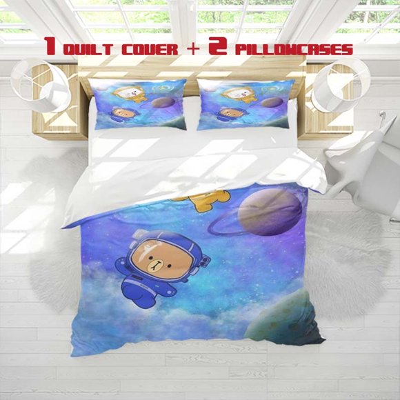 3pcs Bear Space Style Print Three Piece Bedding Set Soft Quilt Cover And Two Pillowcases
