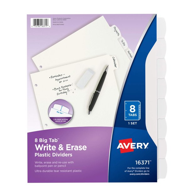 Separadores de plástico Avery Big Tab Write & Erase, juego de 8 pestañas, color blanco
