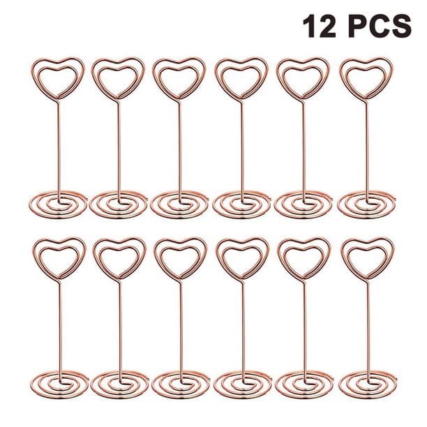 12 soportes altos para tarjetas de lugar, soportes para números de mesa, soportes para tarjetas de mesa, soportes para números de mesa con clips para fotos y notas en forma de corazón.