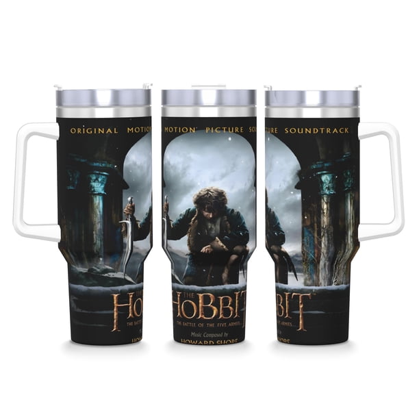 El Hobbit Vaso aislado de acero inoxidable con asa, diseño temático, regalo para familia, amigos y fans; incluye pajita y encaja en el portavasos estándar, 40 oz