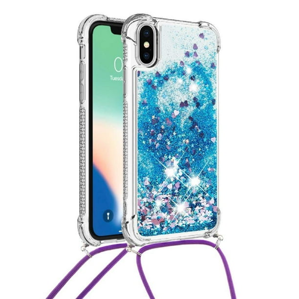Funda FOXDOCK para iPhone X/Xs con Cuerda Ajustable, Brillo Líquido, Protección Antigolpes y Lente – Ideal para Regalo