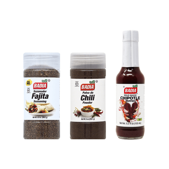 Pack Cocina Mexicana Badia – Chili Powder, Sazonador Fajita y Salsa Chipotle
