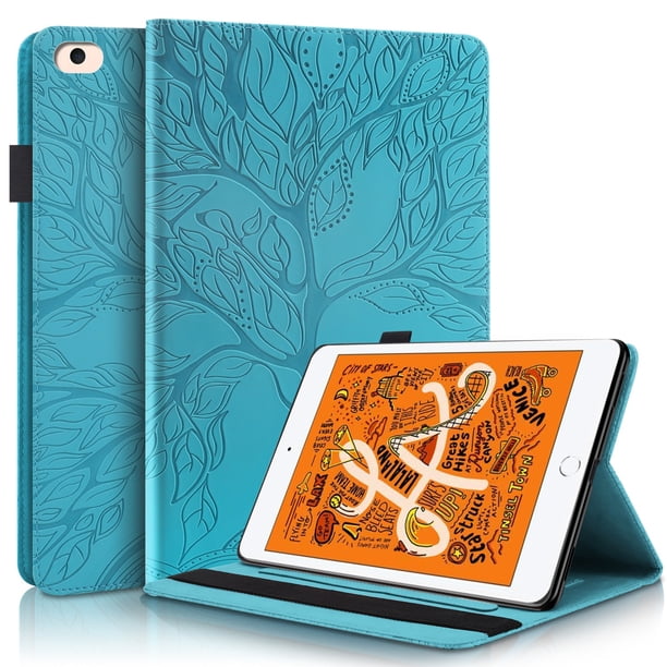 Funda con relieve del Árbol de la Vida para tablet ipad mini 1/2/3/4/5 con soporte, ranuras para tarjetas y soporte para lápiz óptico. Azul