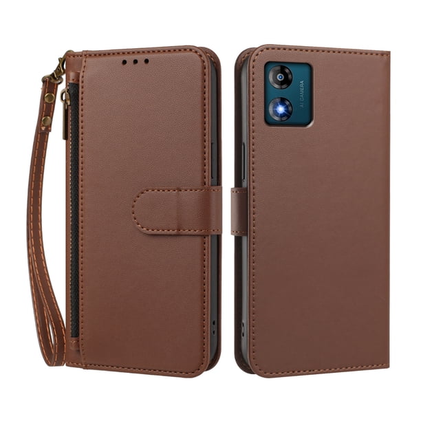 Funda Tipo Billetera para Motorola Moto E13 2023 4G con Soporte y Bolsillo con Cierre Marrón