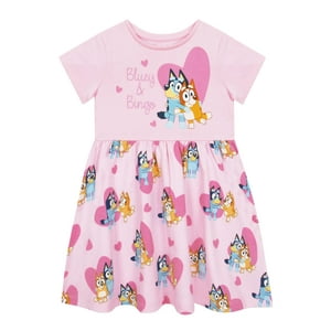 Vestido Bluey Bingo Glitter Para Niñas, Algodón, Color Rosa Veraniego 6