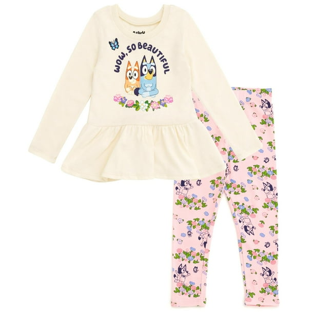Conjunto de ropa Bluey Bingo Floral con estampado floral de peplum para niñas grandes, camiseta y leggings