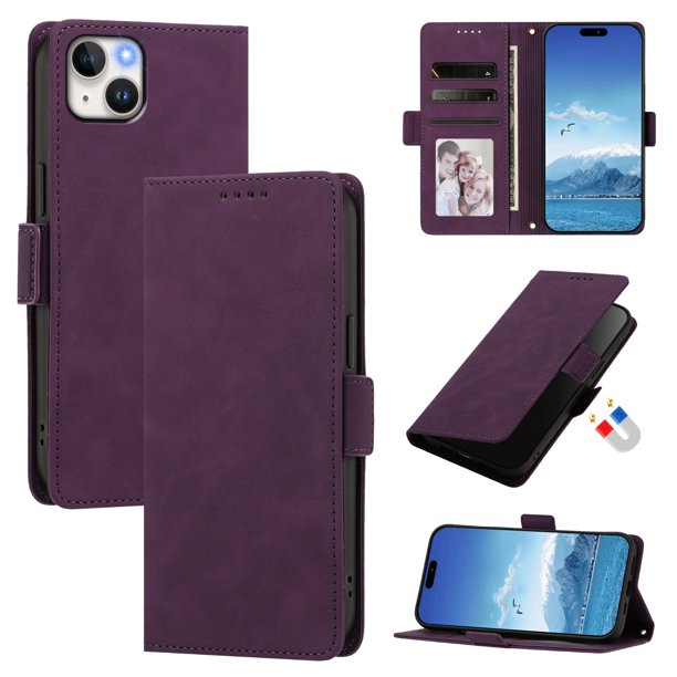 Funda Billetera Delgada para iPhone 14 Plus con Ranuras y Soporte Morado oscuro