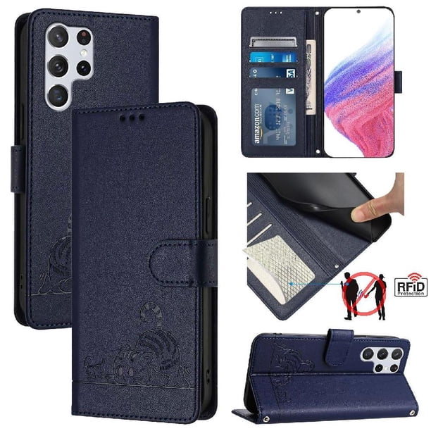 Funda tipo cartera FOXDOCK para Samsung Galaxy S22 Ultra con soporte, ranuras, RFID, diseño de gato