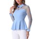 thumbnail image 4 of INSPIRE CHIC Blusa de Mujer de Malla Transparente con Peplum, Manga Larga, Cuello con Abertura, Dobladillo con Volantes y Cuello Abatible S Azul Claro, 4 of 6