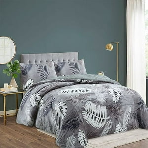 Aladdins Shop - Cobertor De Invierno De Plush Y Chiporro 2 Plazas Gris Con Hojas