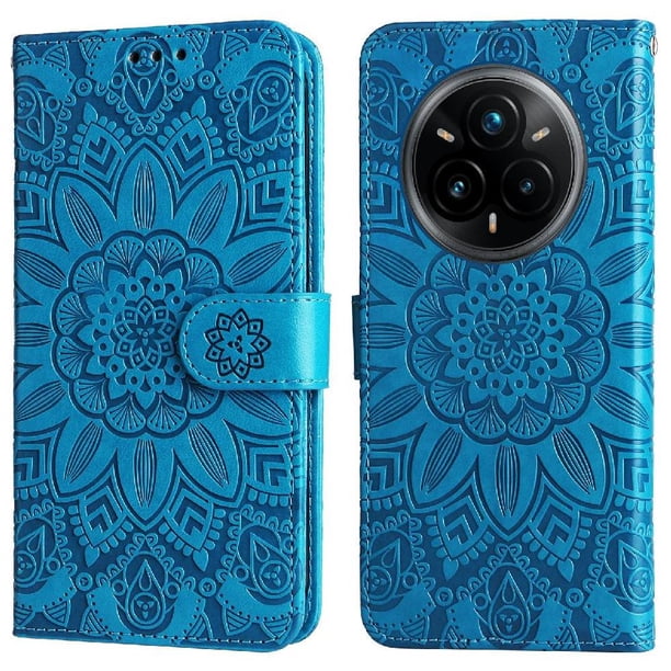 Funda tipo cartera FOXDOCK para Realme 14 Pro , diseño girasol en relieve, cuero PU, cierre magnético, soporte y tarjetero