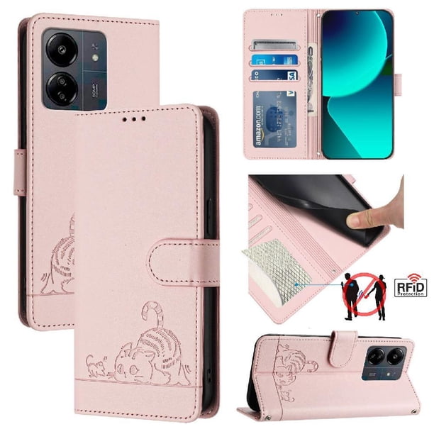 Funda tipo cartera FOXDOCK para Xiaomi POCO C65 con soporte, ranuras, RFID, diseño de gato