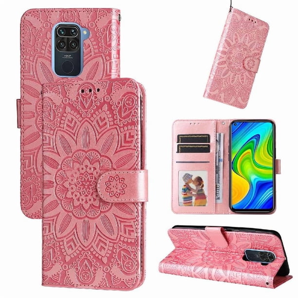 Funda tipo cartera FOXDOCK para Xiaomi Redmi Note 9 4G , diseño girasol en relieve, cuero PU, cierre magnético, soporte y tarjetero