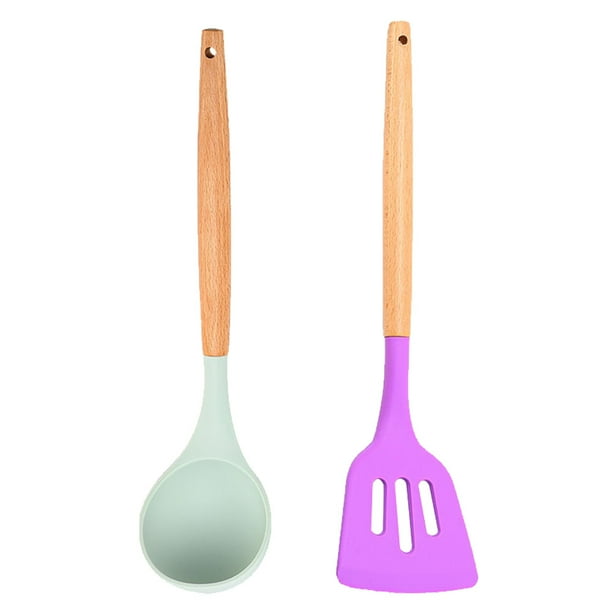 Juego de 2 utensilios de cocina de silicona y madera de bambú - Juego de utensilios de silicona - Utensilios de silicona para cocinar