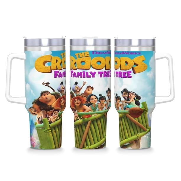 Los Croods: Árbol Familiar Vaso aislado de acero inoxidable con asa, diseño temático, regalo para familia, amigos y fans; incluye pajita y encaja en el portavasos estándar, 40 oz