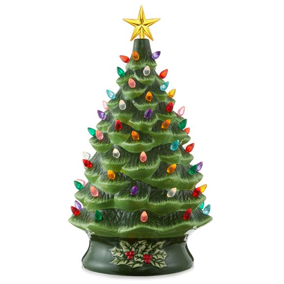 Árbol de Navidad Casafield de cerámica pintado a mano, 60 cm, con luces