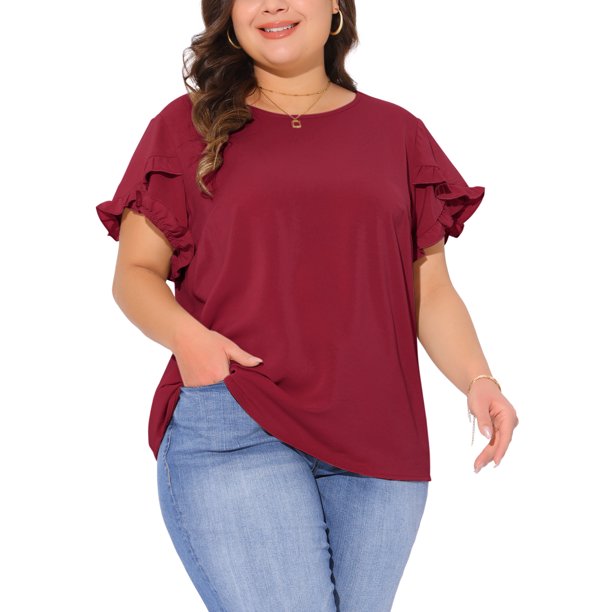 Agnes Orinda Blusas de Verano para Mujer de Talla Grande con Volantes, Manga Corta, Cuello Redondo, Camisas Casual Sólidas 4X Burdeos