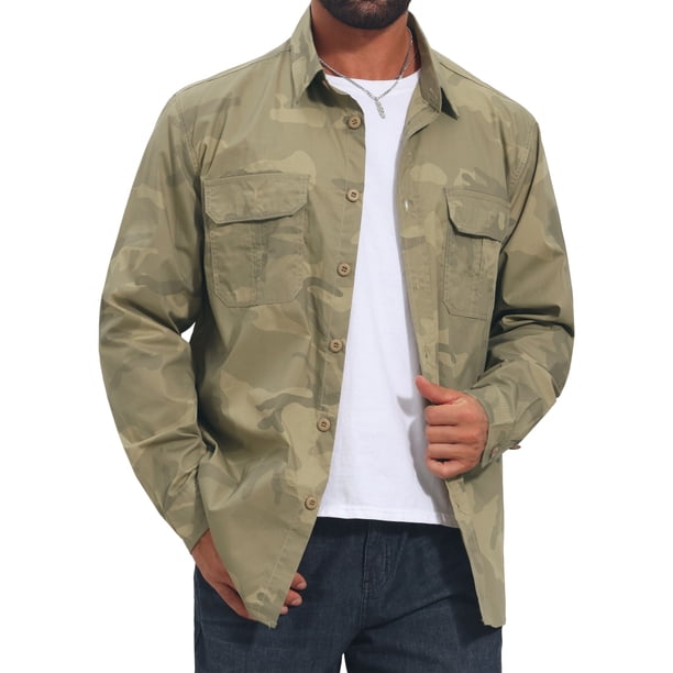 INSPIRE CHIC Camisa de Camuflaje para Hombre de Manga Larga con Botones, Camisas Ligeras para Safari al Aire Libre L Caqui