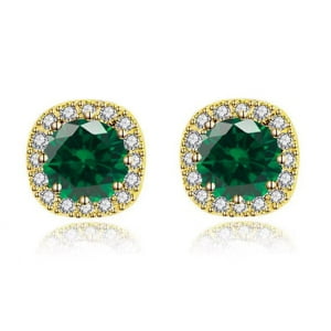 Aros Paris Jewelry 10K Yellow Gold 3Ct Round Created Emerald Halo Stud Plated