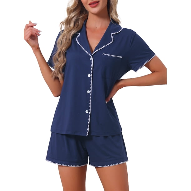 INSPIRE CHIC Conjuntos de Pijamas para Mujeres Mangas Cortas Cómodos Altamente Elásticos con Botones en la Parte Superior y Pantalones Cortos 2 Piezas Azul Grande