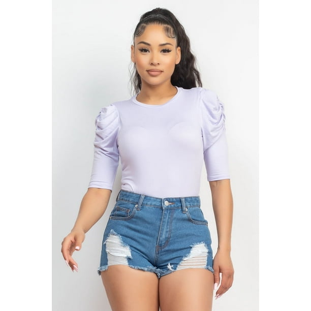 Top Con Cuello Redondo Y Mangas Fruncidas Abullonadas