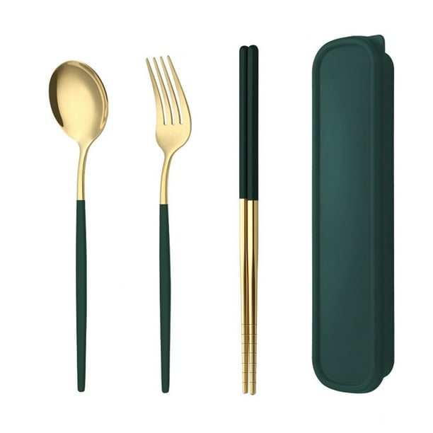 Juego de cubiertos portátiles de 3 piezas, palillos, tenedor y cuchara con estuche de viaje