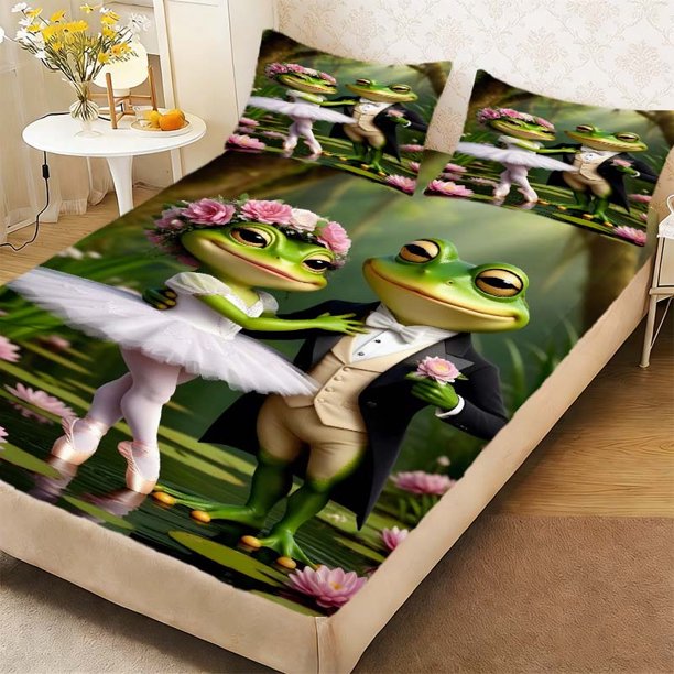 Pink Flower Frog Dance Duvet Cover Set - Fitted Sheet and Pillowcase Set Soft Comfortable and Breathable for All Seasons an Essential for Bedroom or Dorm Decor