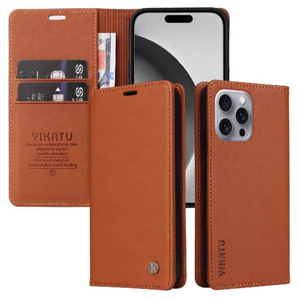 Funda Billetera de Cuero para iPhone 16 Pro Max con Tarjetero y Soporte - Tapa Magnética Marrón