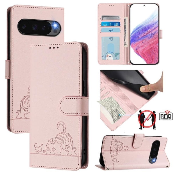 Funda tipo cartera FOXDOCK para Google Pixel 10 Pro XL 5G con soporte, ranuras, RFID, diseño de gato