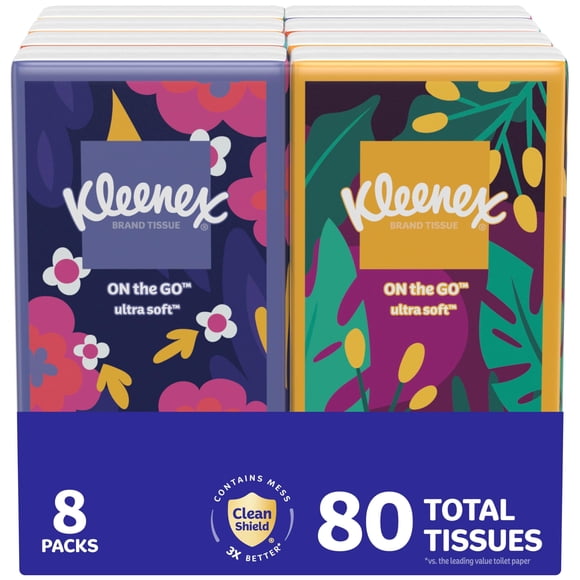 Pañuelos faciales Kleenex On-The-Go de 3 capas, 10 pañuelos x 8 paquetes