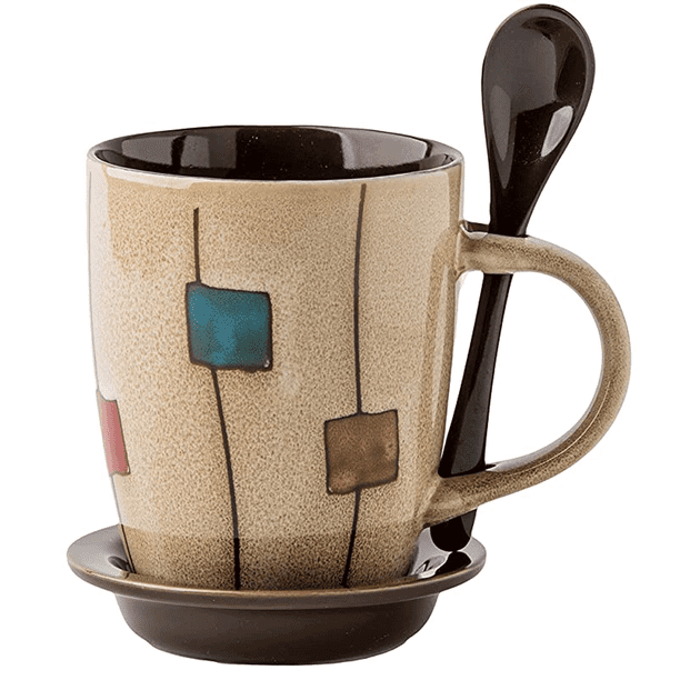 Juego de tazas de café de 350 ml con platillos y cucharas en el asa, aptas para microondas y lavavajillas.